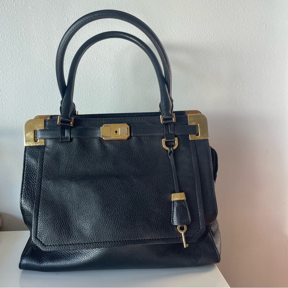 Michael Kors Collection Blake Satchel, Black Leather Gold Hardware GUC - Picture 3 of 6
